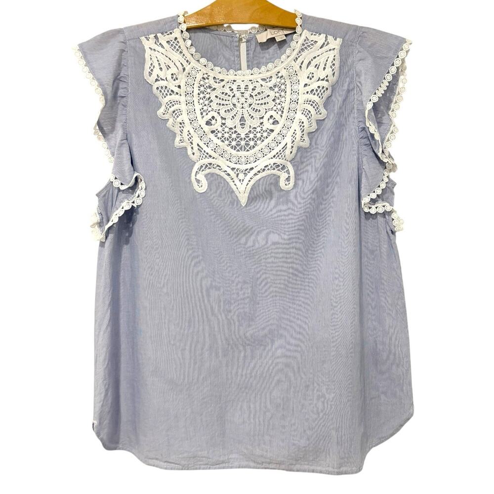 Ann Taylor LOFT | Top Eyelet Lace Dainty Preppy Feminine Blue White- Large